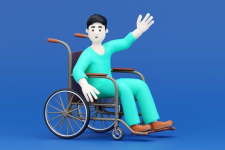 3D man on wheelchair wavingの写真素材