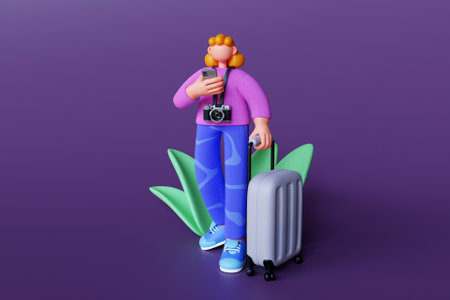 3D tourist with camera and luggageの写真素材