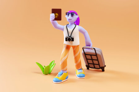 3D tourist with camera and luggageの写真素材