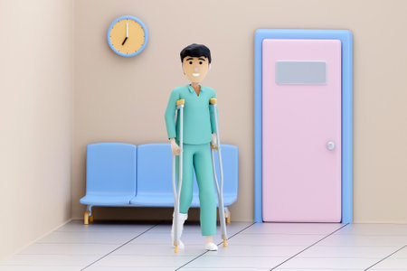3D man with crutches in hospitalの写真素材