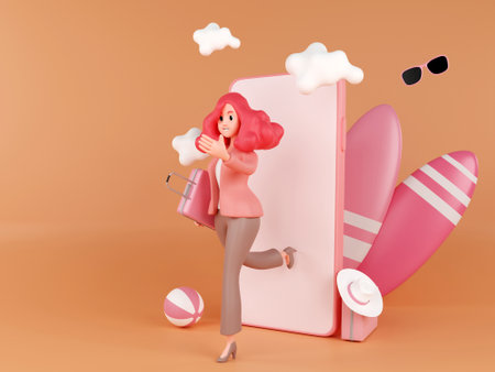 3D woman with phone traveling concept