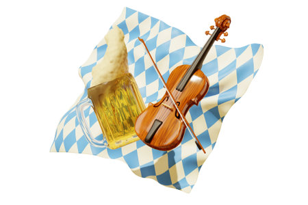 3D Oktoberfest design of beer mug and violin with bavarian checkered pattern isolated on white backgroundの写真素材