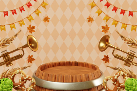 3D poster with beer barrels, trumpets, wheat, hops , pretzels and buntings for Oktoberfest eventの写真素材