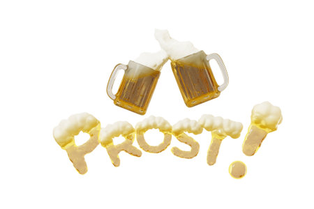 3D Oktoberfest design with beer mugs toasting and text Prost isolated on white backgroundの写真素材
