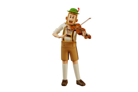 3D man in lederhosen playing the violin during Oktoberfest on isolated white backgroundの写真素材