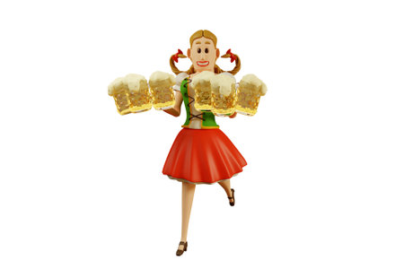 3D Oktoberfest waitress in traditional dirndl holding big beer mugs in handsの写真素材