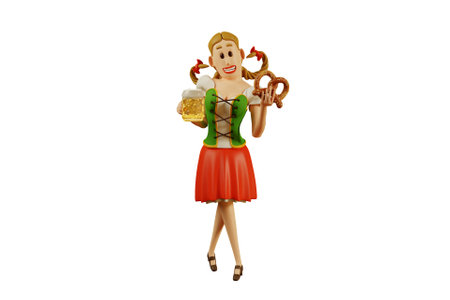 3D Oktoberfest waitress in traditional dirndl holding beer mug and pretzel in handsの写真素材
