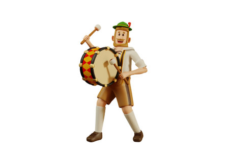 3D man in lederhosen playing the drum during Oktoberfest on isolated white backgroundの写真素材
