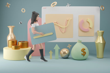 3D girl managing her financesの写真素材