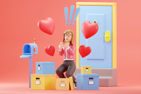 3D woman receiving her delivery itemsの写真素材