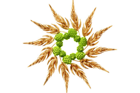 3D a beer festival design of wreath with hops and wheat isolated on white backgroundの写真素材