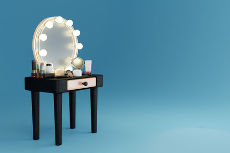 3D makeup table with cosmetic productsの写真素材