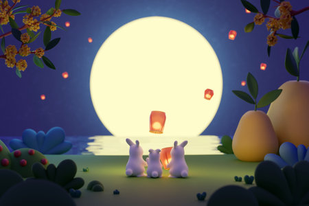 3D rabbits releasing lanterns during the midautumn festivalの写真素材