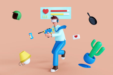 3D characters playing a VR gameの写真素材