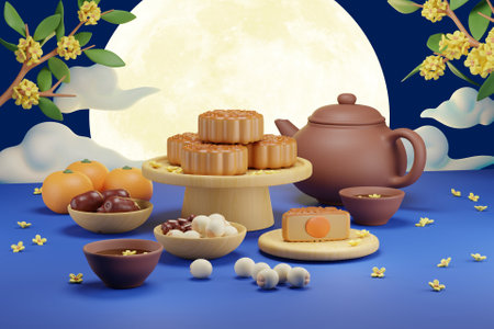 3D mooncake festival snacks and teaの写真素材