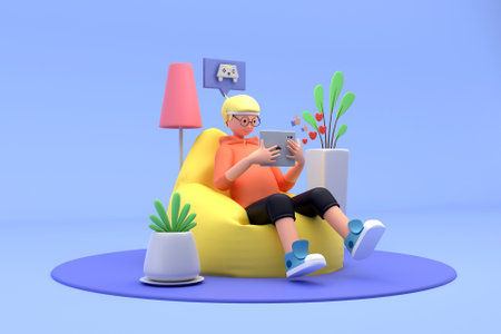 3D character playing a tablet gameの写真素材