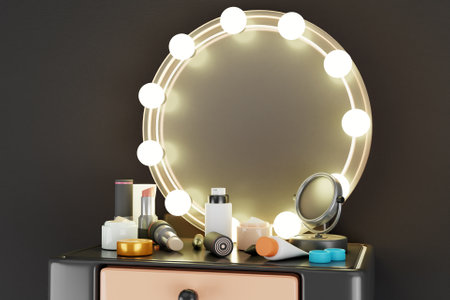 3D makeup table with cosmetic productsの写真素材