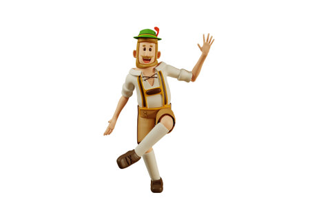 3D man in lederhosen dancing during Oktoberfest on isolated white backgroundの写真素材
