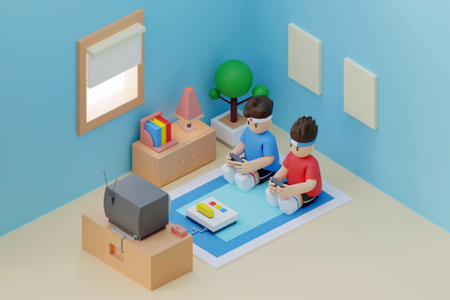 Two 3D boys playing a video game togetherの写真素材