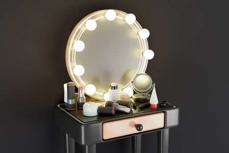3D makeup table with cosmetic productsの写真素材