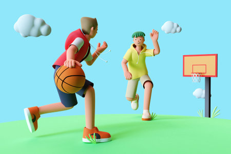 Two 3D characters playing basketballの写真素材