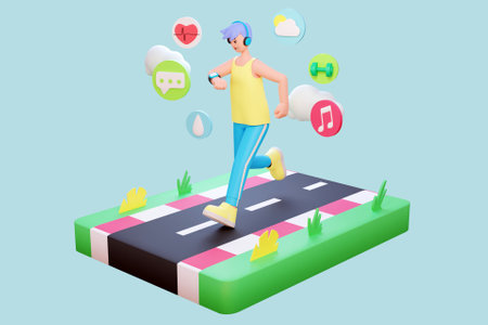 3D man jogging while listening to musicの写真素材