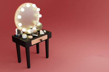 3D makeup table with cosmetic productsの写真素材