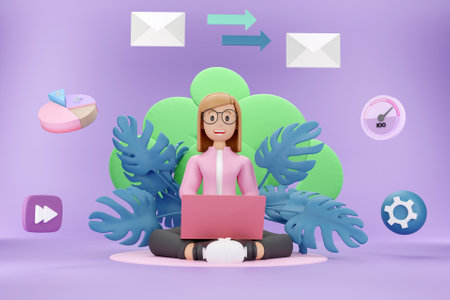 3D woman working with the flowの写真素材