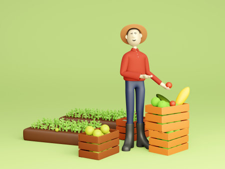 3D farmer showing harvested cropsの写真素材