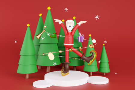 3D design of Santa with decorative garland and Christmas trees around himの写真素材