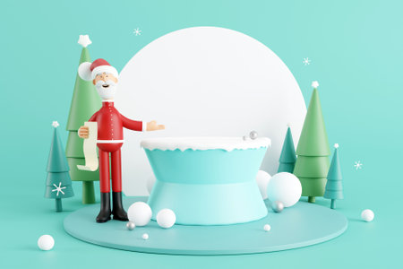 3D design of Santa holding a checklist and gesturing towards the podium