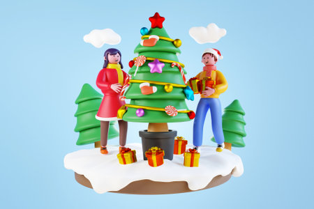 3D man and woman decorating Christmas tree with ornamentsの写真素材