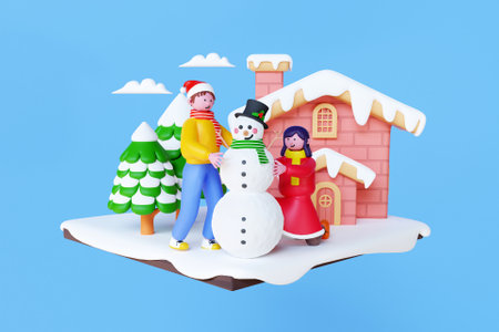 3D man and woman building a snowmanの写真素材