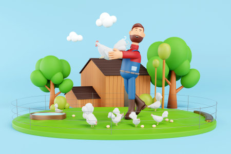 3D farmer with hens at the farmの写真素材