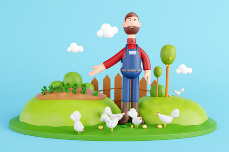 3D farmer showing his crops on the farmの写真素材