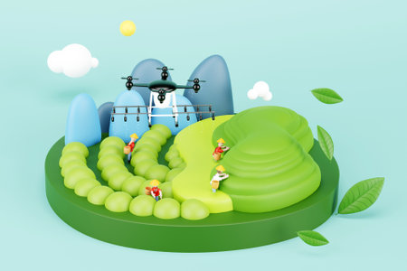 3D agriculture drone above tea plantation