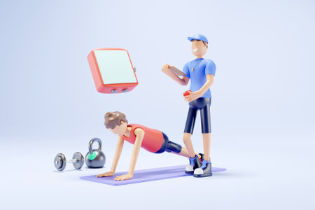 3D trainer and his client at the gymの写真素材