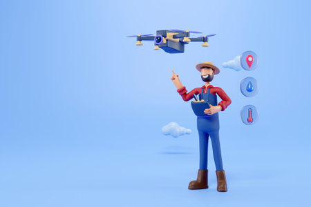 3D farmer with agriculture droneの写真素材