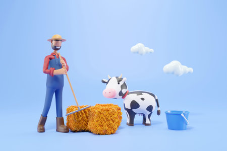3D farmer preparing hay for cowの写真素材
