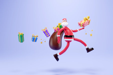 3D Santa claus delivering Christmas presents in his sackの写真素材