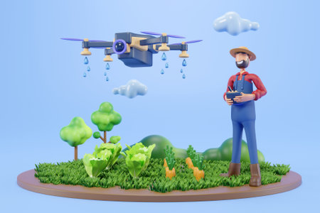 3D farmer watering crops with agriculture droneの写真素材