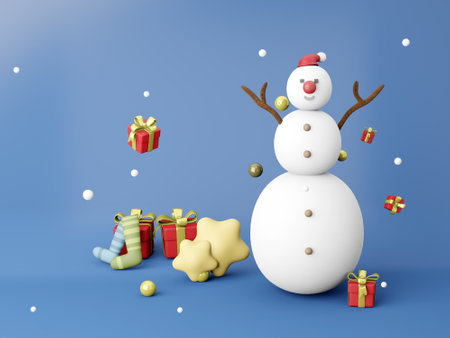 3D Christmas snowman with gift boxes