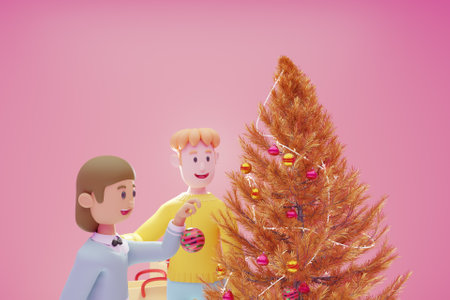 3D characters decorating a Christmas tree