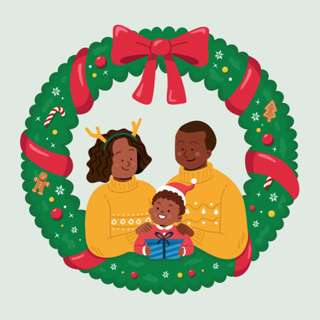 Christmas wreath with happy familyのイラスト素材