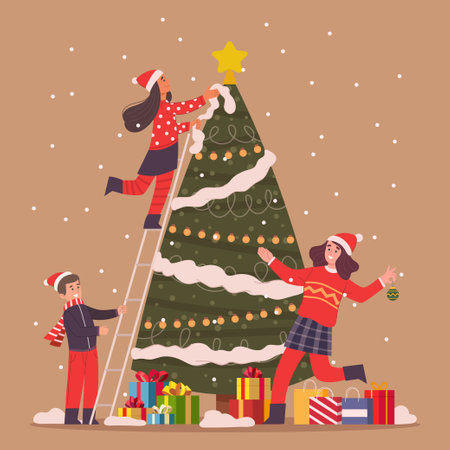 People decorating Christmas treeのイラスト素材