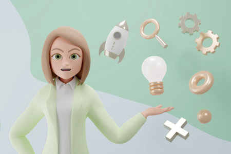 3D businesswoman with brainstorming conceptの写真素材