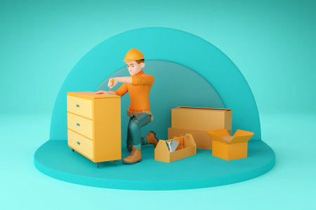 3D man assembling furnitureの写真素材