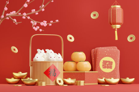 3D Chinese New Year rabbit year decorationの写真素材