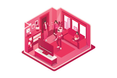 Friends spending time playing VR games in isometric living roomのイラスト素材