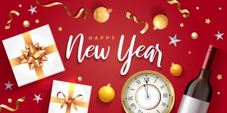 Happy New Year design with Christmas decorations, gifts and wineのイラスト素材